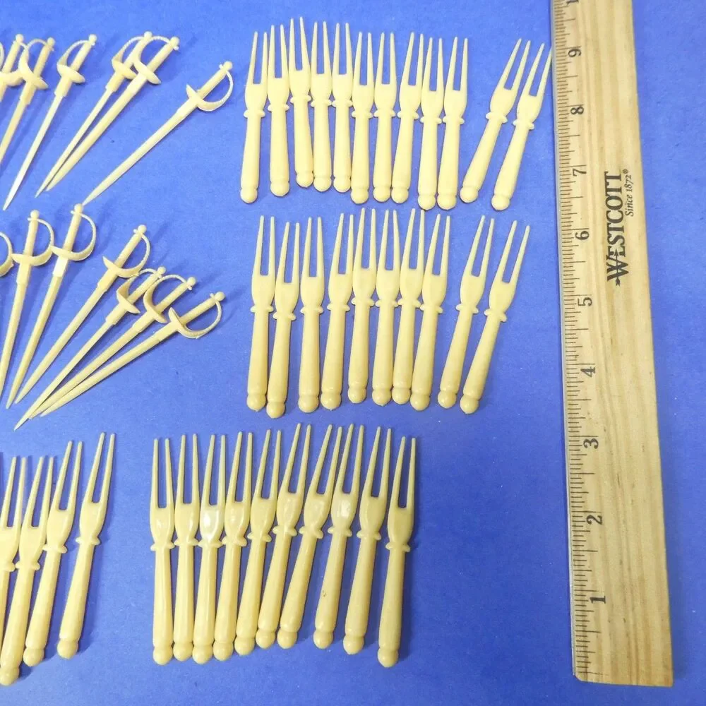 Lot 89 Cocktail Picks Ivory Plastic Forks Swords Horses Vintage Hong Kong MCM